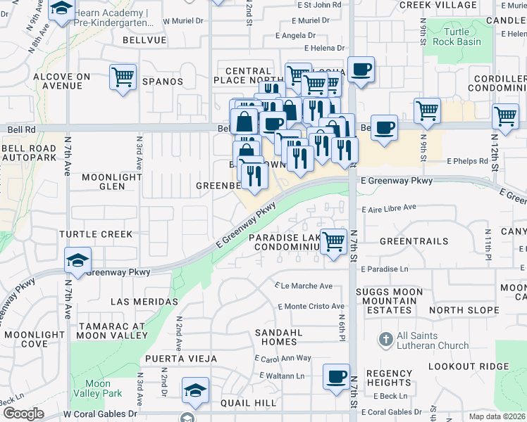 map of restaurants, bars, coffee shops, grocery stores, and more near 51 East Greenway Parkway in Phoenix