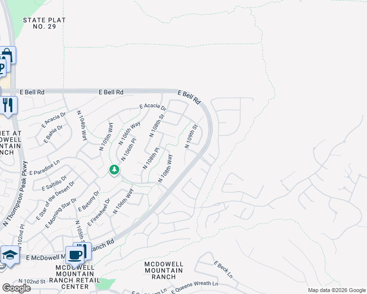 map of restaurants, bars, coffee shops, grocery stores, and more near 16486 North 109th Street in Scottsdale