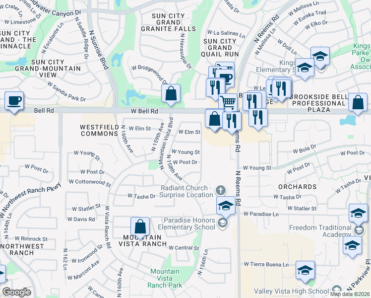 map of restaurants, bars, coffee shops, grocery stores, and more near 15718 West Young Street in Surprise