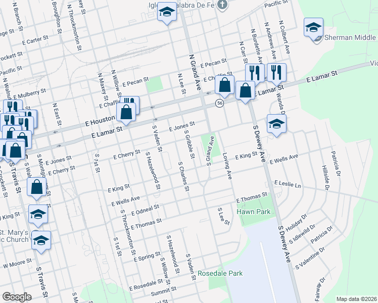 map of restaurants, bars, coffee shops, grocery stores, and more near 424 South Gribble Street in Sherman