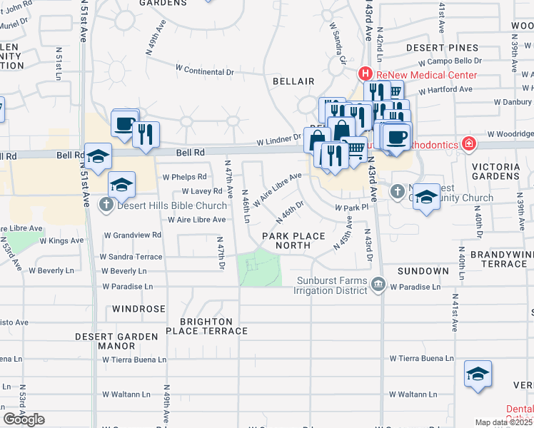 map of restaurants, bars, coffee shops, grocery stores, and more near 16436 North Ponderosa Drive in Glendale