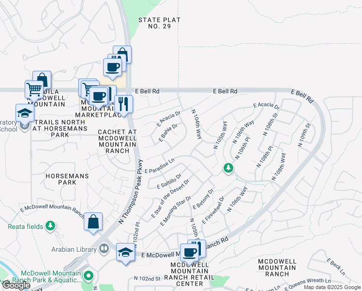 map of restaurants, bars, coffee shops, grocery stores, and more near 10375 East Rosemary Lane in Scottsdale