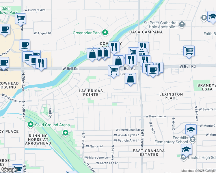 map of restaurants, bars, coffee shops, grocery stores, and more near 6911 West Phelps Road in Peoria