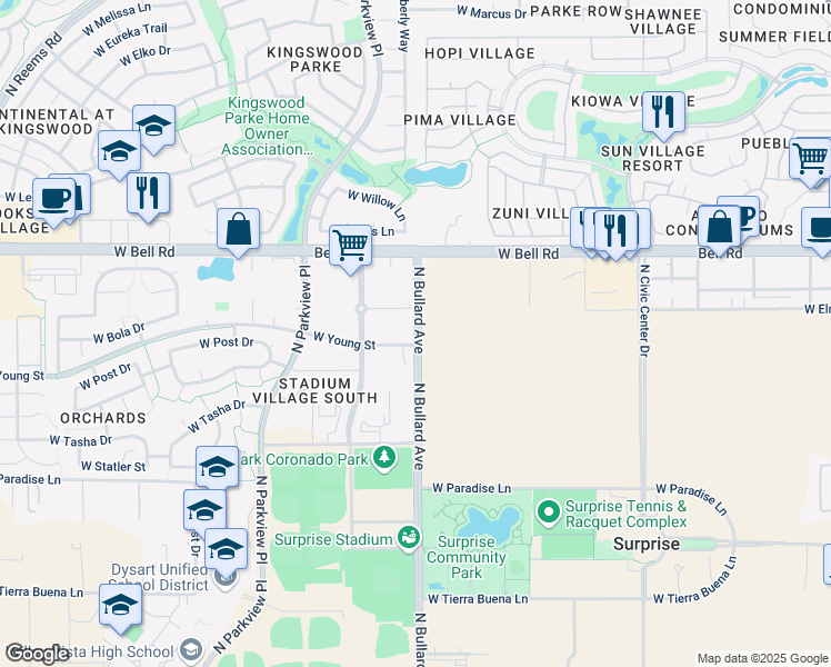 map of restaurants, bars, coffee shops, grocery stores, and more near 16714 North Bullard Avenue in Surprise