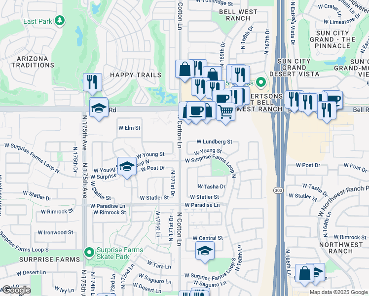 map of restaurants, bars, coffee shops, grocery stores, and more near 16632 North 170th Lane in Surprise