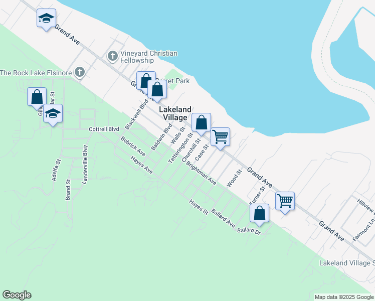 map of restaurants, bars, coffee shops, grocery stores, and more near 33113 Churchill Street in Lake Elsinore