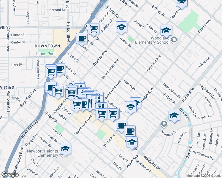 map of restaurants, bars, coffee shops, grocery stores, and more near 288 East 18th Street in Costa Mesa