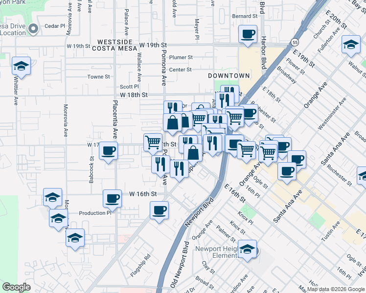 map of restaurants, bars, coffee shops, grocery stores, and more near 649 West 17th Street in Costa Mesa