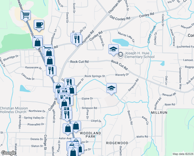 map of restaurants, bars, coffee shops, grocery stores, and more near 1145 Rocksprings Street in Forest Park