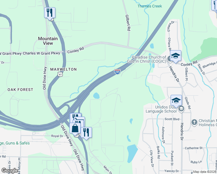 map of restaurants, bars, coffee shops, grocery stores, and more near 2500 Southpoint Dr in Forest Park