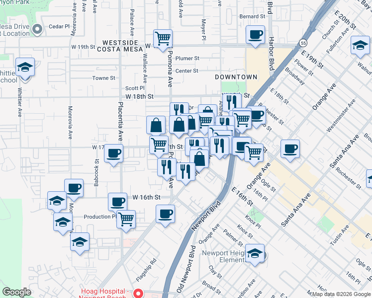 map of restaurants, bars, coffee shops, grocery stores, and more near 669 West 17th Street in Costa Mesa