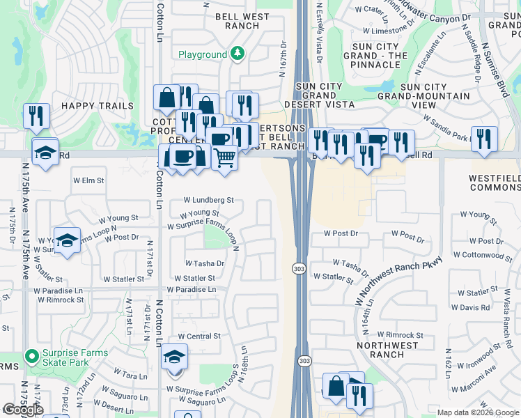 map of restaurants, bars, coffee shops, grocery stores, and more near 16633 North 168th Drive in Surprise