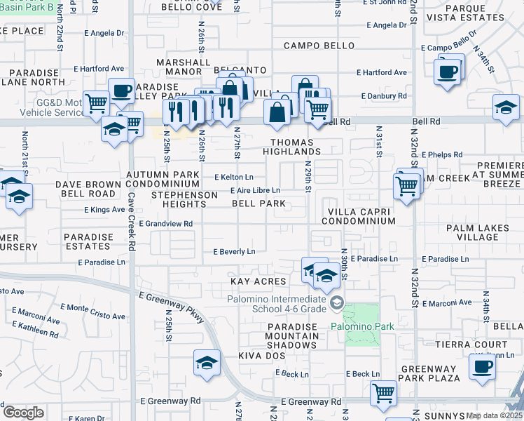 map of restaurants, bars, coffee shops, grocery stores, and more near 16418 North 28th Street in Phoenix