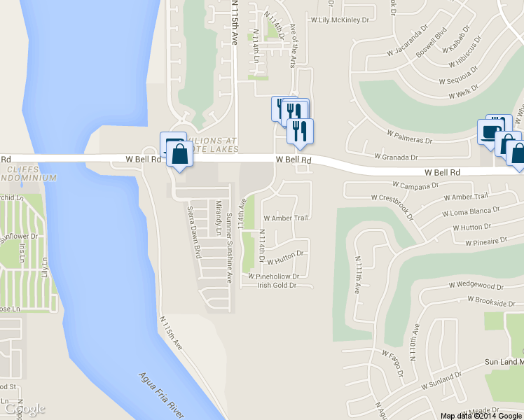 map of restaurants, bars, coffee shops, grocery stores, and more near 16734 North 114th Drive in Surprise