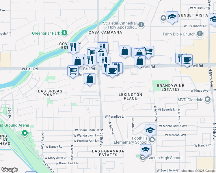 map of restaurants, bars, coffee shops, grocery stores, and more near 6614 West Phelps Road in Glendale