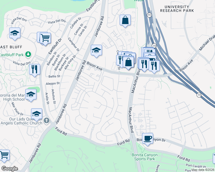 map of restaurants, bars, coffee shops, grocery stores, and more near 77 Hillsdale Drive in Newport Beach