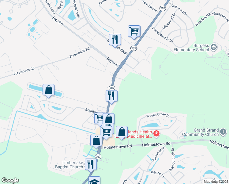 map of restaurants, bars, coffee shops, grocery stores, and more near 9203 State Highway 707 in Myrtle Beach