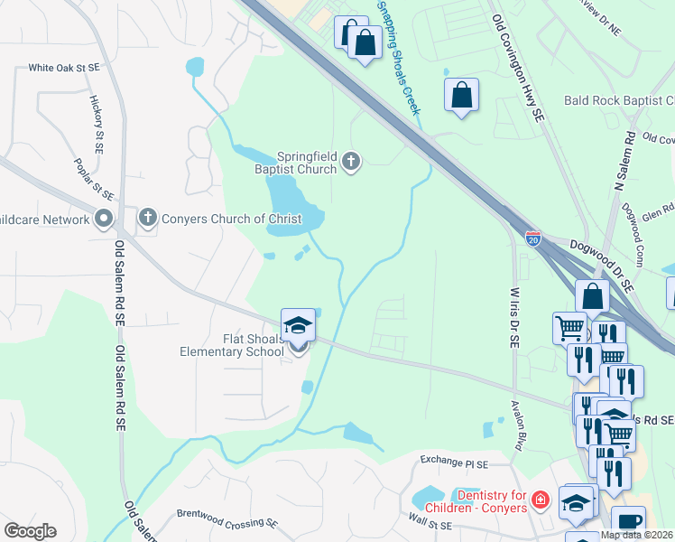 map of restaurants, bars, coffee shops, grocery stores, and more near 1774 Flat Shoals Road Southeast in Conyers