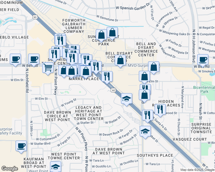map of restaurants, bars, coffee shops, grocery stores, and more near  in Surprise