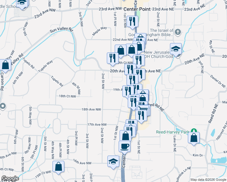 map of restaurants, bars, coffee shops, grocery stores, and more near 109 19th Avenue Northwest in Center Point