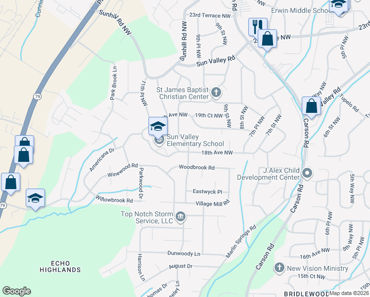map of restaurants, bars, coffee shops, grocery stores, and more near 1800 10th Place Northwest in Birmingham