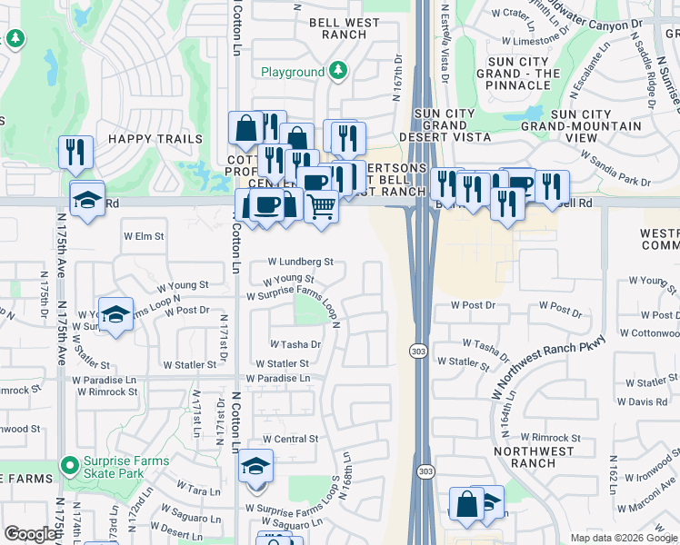 map of restaurants, bars, coffee shops, grocery stores, and more near 16660 North 169th Avenue in Surprise