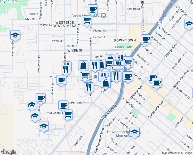 map of restaurants, bars, coffee shops, grocery stores, and more near 683 West 17th Street in Costa Mesa