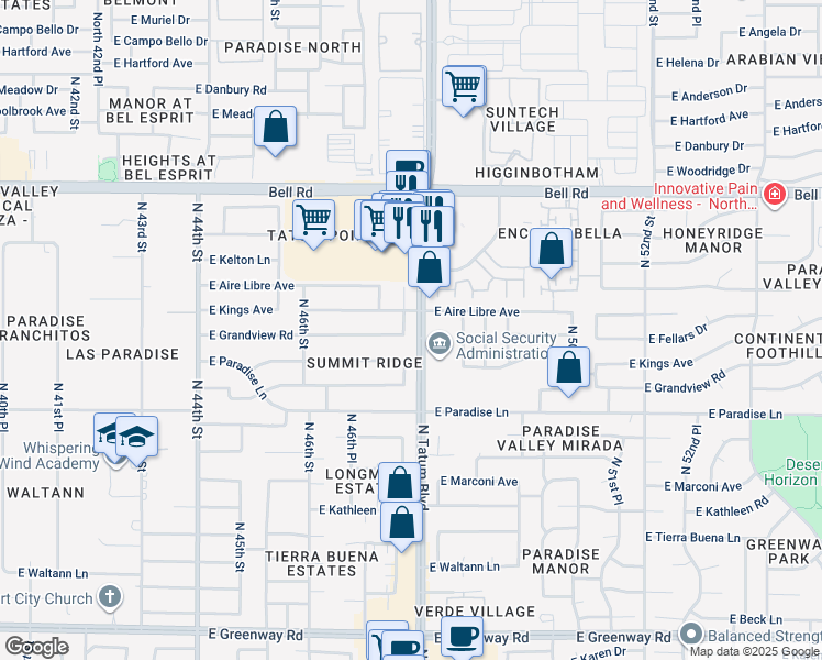 map of restaurants, bars, coffee shops, grocery stores, and more near 16411 North 47th Place in Phoenix