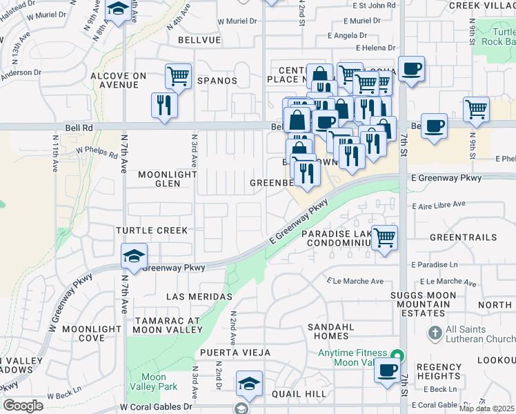 map of restaurants, bars, coffee shops, grocery stores, and more near 107 West Fellars Drive in Phoenix