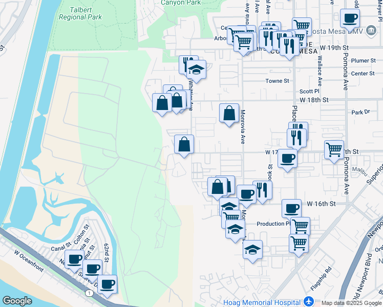 map of restaurants, bars, coffee shops, grocery stores, and more near W 17th St & Whittier Ave in Costa Mesa