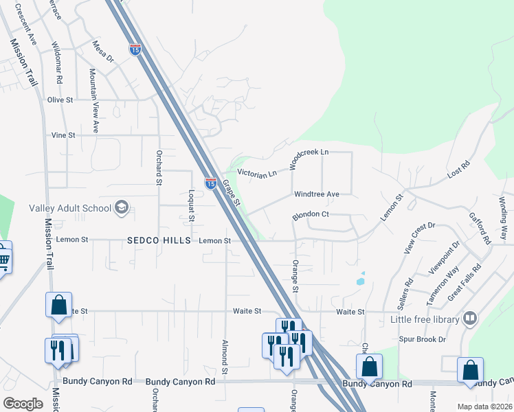 map of restaurants, bars, coffee shops, grocery stores, and more near 22850 Windtree Avenue in Wildomar