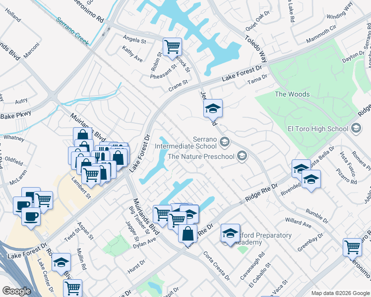 map of restaurants, bars, coffee shops, grocery stores, and more near 22535 Hickory Place in Lake Forest