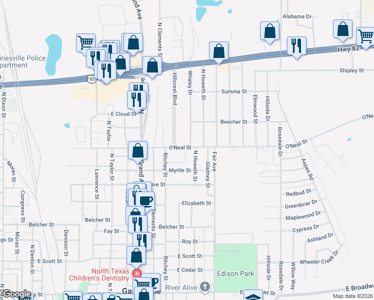 map of restaurants, bars, coffee shops, grocery stores, and more near 1424 O'Neal Street in Gainesville