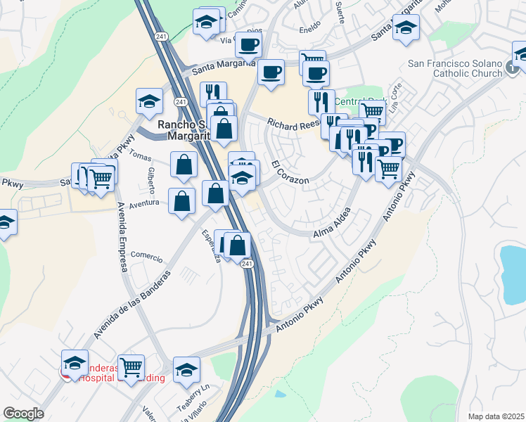 map of restaurants, bars, coffee shops, grocery stores, and more near 13 Castilla in Rancho Santa Margarita