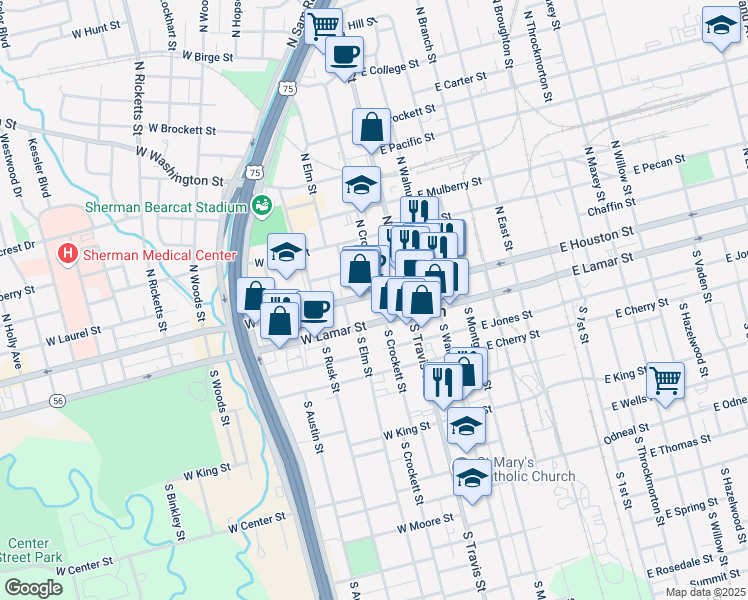 map of restaurants, bars, coffee shops, grocery stores, and more near 102 South Crockett Street in Sherman