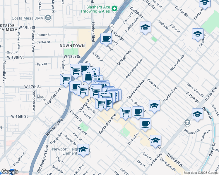 map of restaurants, bars, coffee shops, grocery stores, and more near 226 Cabrillo Street in Costa Mesa