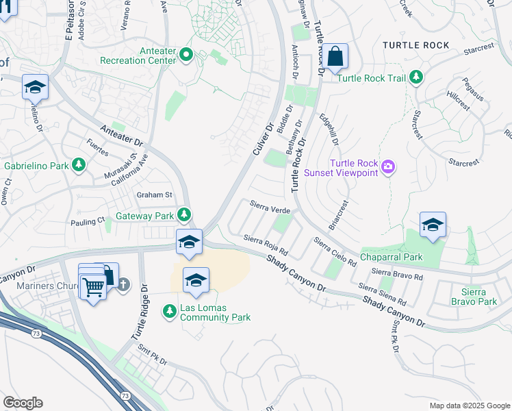map of restaurants, bars, coffee shops, grocery stores, and more near 19412 Sierra Verde in Irvine