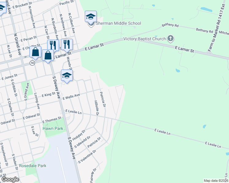 map of restaurants, bars, coffee shops, grocery stores, and more near 713 South Valentine Drive in Sherman