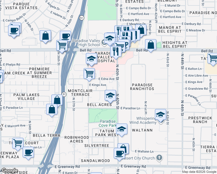 map of restaurants, bars, coffee shops, grocery stores, and more near 16419 North 39th Street in Phoenix