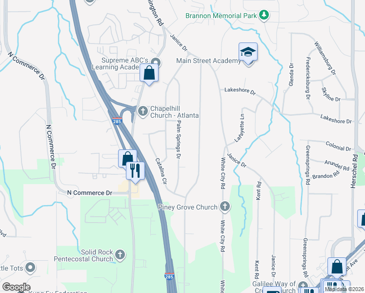 map of restaurants, bars, coffee shops, grocery stores, and more near 4398 Palm Springs Drive in East Point
