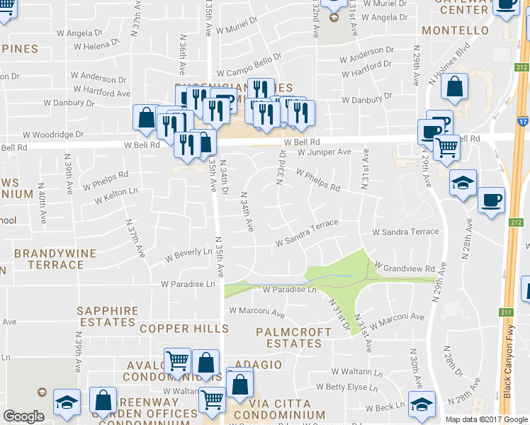 map of restaurants, bars, coffee shops, grocery stores, and more near 3353 West Aire Libre Avenue in Phoenix
