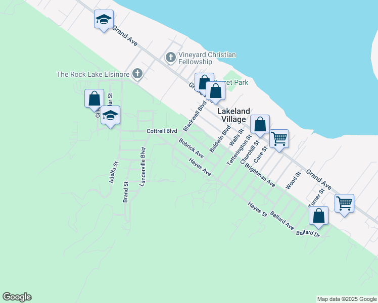 map of restaurants, bars, coffee shops, grocery stores, and more near 17639 Bobrick Avenue in Lake Elsinore