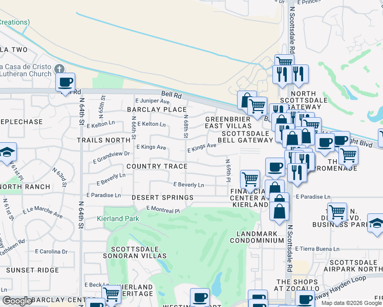 map of restaurants, bars, coffee shops, grocery stores, and more near 16441 North 68th Place in Scottsdale