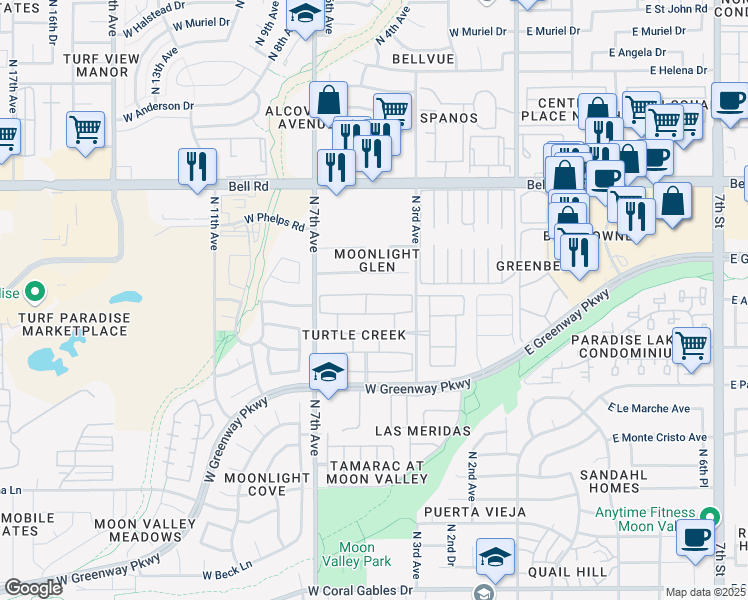 map of restaurants, bars, coffee shops, grocery stores, and more near 409 West Fellars Drive in Phoenix