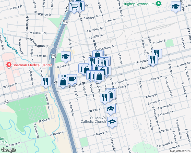 map of restaurants, bars, coffee shops, grocery stores, and more near in Sherman