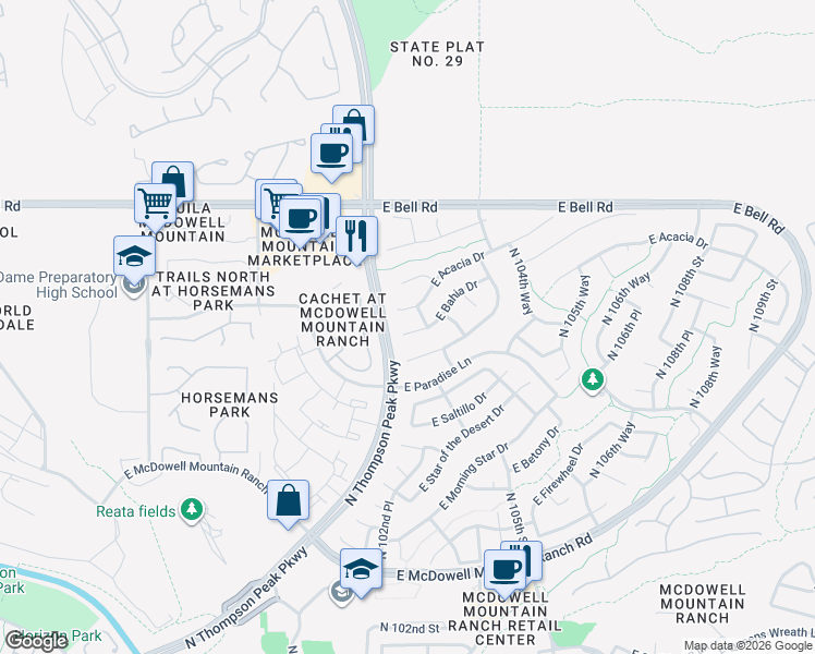 map of restaurants, bars, coffee shops, grocery stores, and more near 10262 East Bahia Drive in Scottsdale