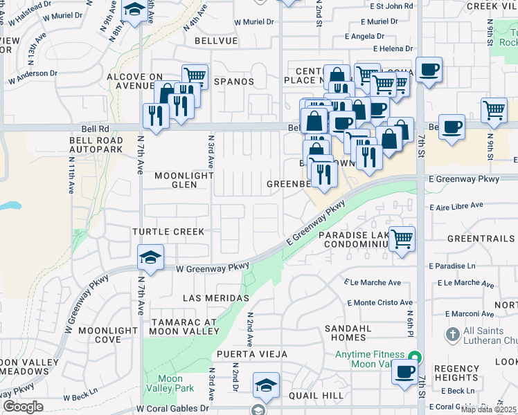 map of restaurants, bars, coffee shops, grocery stores, and more near 131 West Fellars Drive in Phoenix
