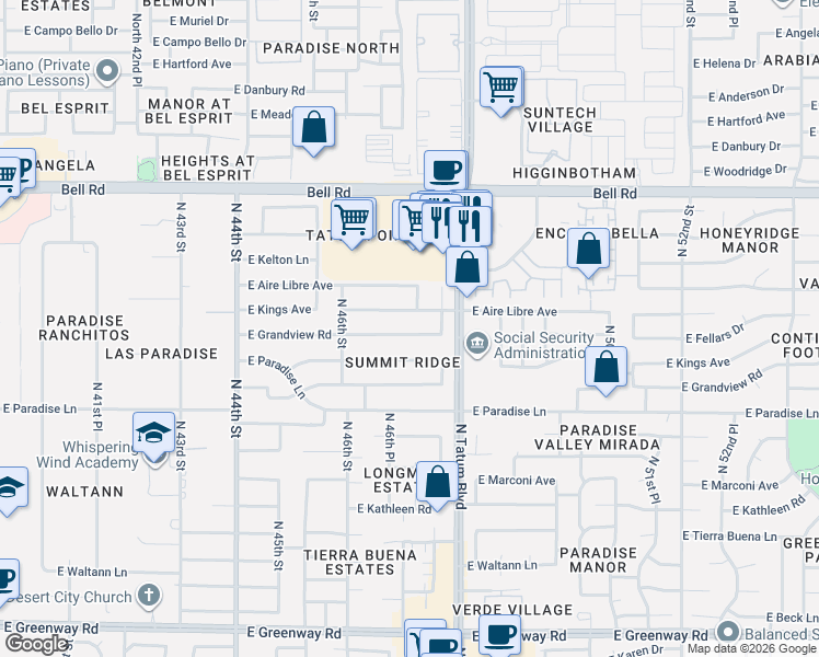 map of restaurants, bars, coffee shops, grocery stores, and more near 4702 East Grandview Road in Phoenix