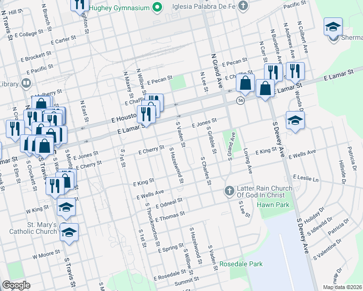 map of restaurants, bars, coffee shops, grocery stores, and more near 410 South Vaden Street in Sherman