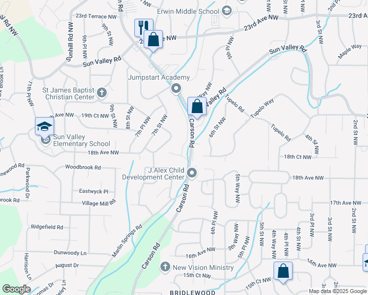 map of restaurants, bars, coffee shops, grocery stores, and more near 1816 Carson Road in Birmingham